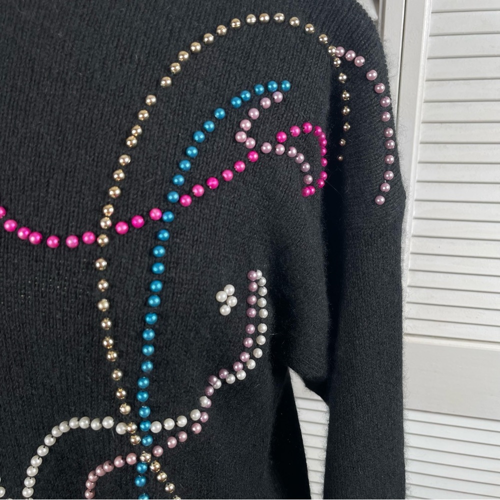 Vintage 80s‎ Amanda Beaded Reindeer Sweater L Black Holiday - Picture 4 of 12